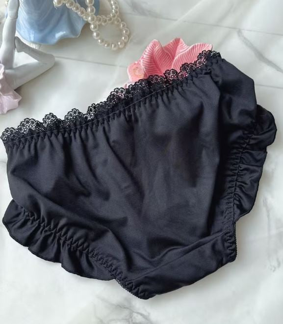 Black Satin Frilly Knickers Lace Trim Bow Detail buttons detail size XL 12-14