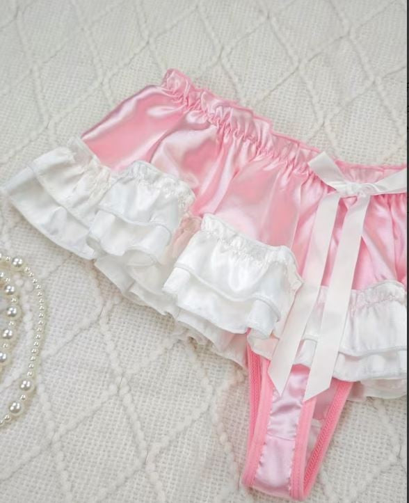 Women Pink Satin Ruffle Skirt Panties Bow Frill Lingerie knickers size 10  M