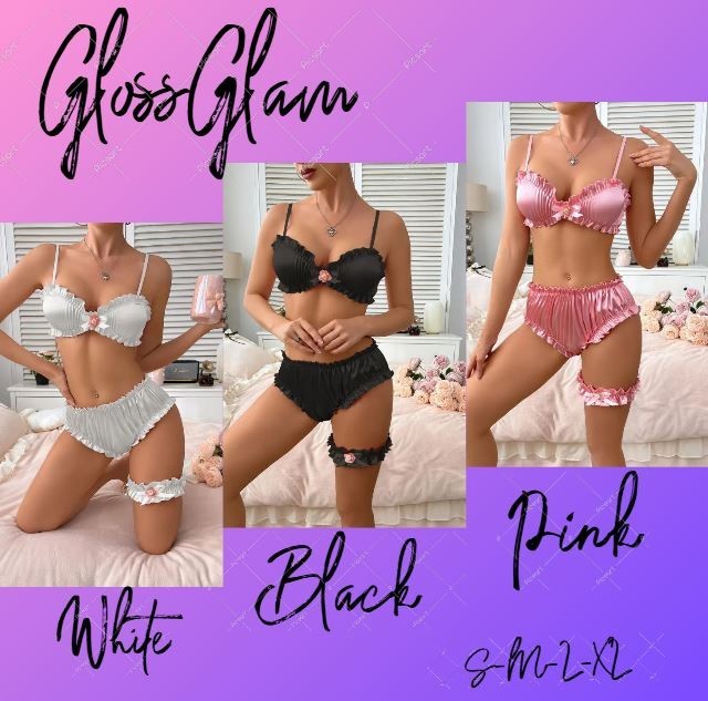 3-piece set satin bra knickers & garter sexy design sissy Pink Black Or White