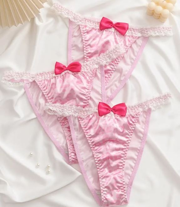 Stunning women's soft silky feel satin knickers tanga lace trim panties pink