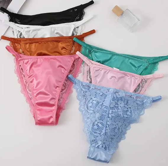 Lace and silky feel knickers, soft, comfy and stretchy, satin tanga style beauty