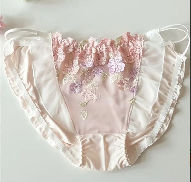 HOT! Japanese style soft silky feel satin lace tanga panties embroidered sissy