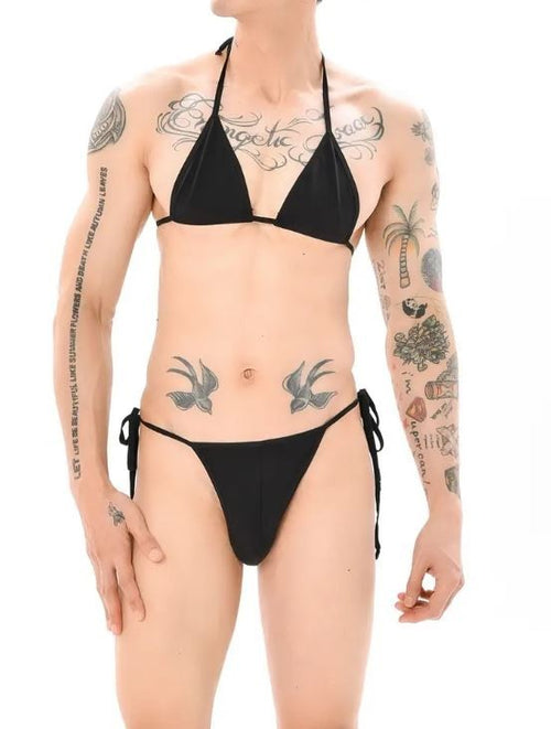 Mens black Micro Bikini Set String Triangle Bra Thong Swimwear ONE size fits S-L