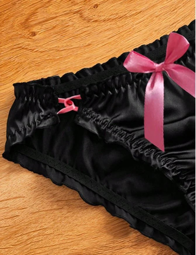 Black soft silky feel satin panties knickers sissy pink bow size 16-18 (XL)