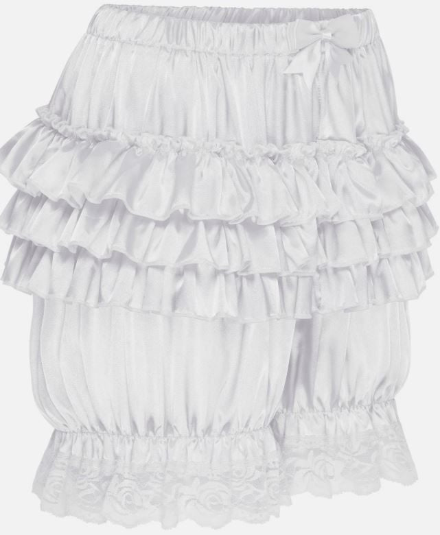 Silky satin bloomers white shorts pants ruffled touch of lace sissy size M/UK 10