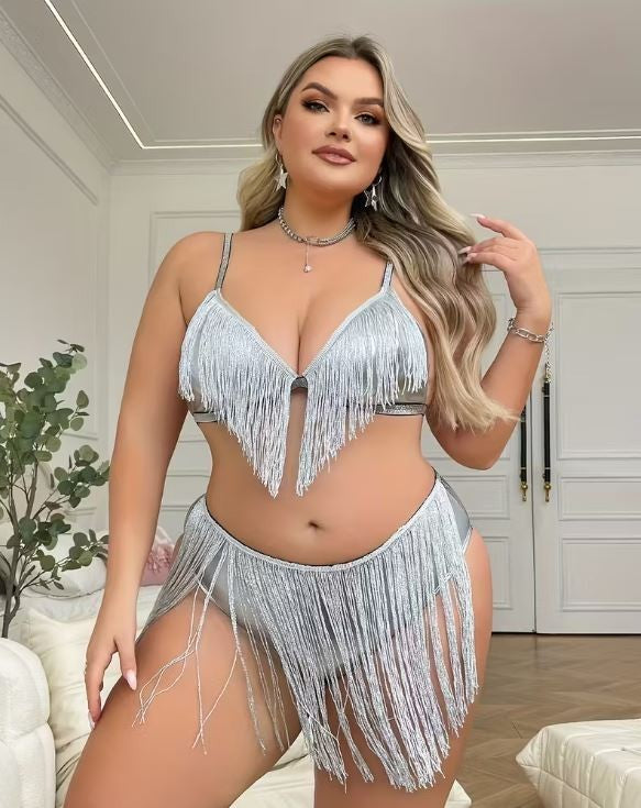 PVC feel Silver Fringe Lingerie Set Women Tassel Bra knickers Plus Size 2XL 20
