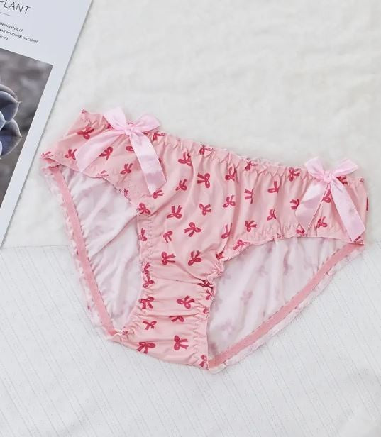 Adorable women's soft satin silky feel knickers bow printed panties bow details