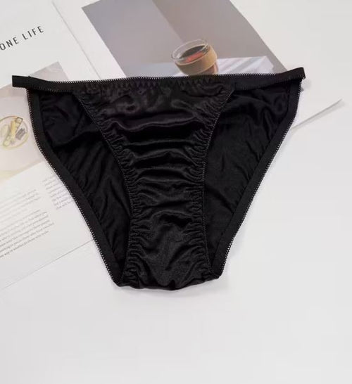 1x Womens black silky feel soft satin tanga panties knickers  sissy size 10 (M)