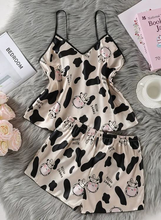 PJ silky feel soft satin spaghetti strap cow print top shorts sissy size S /8-10