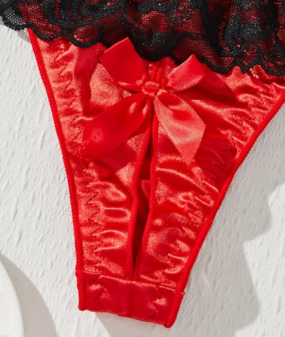 Women's soft silky feel knickers in red with black lace and bow detail open back