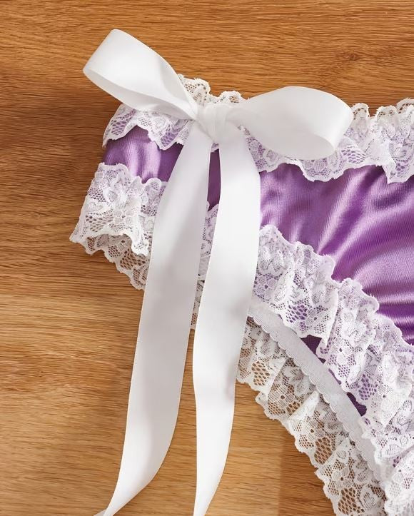 💜 Purple Satin Lace frilly trim Knickers Bow Tie Side panties sissy size M 10
