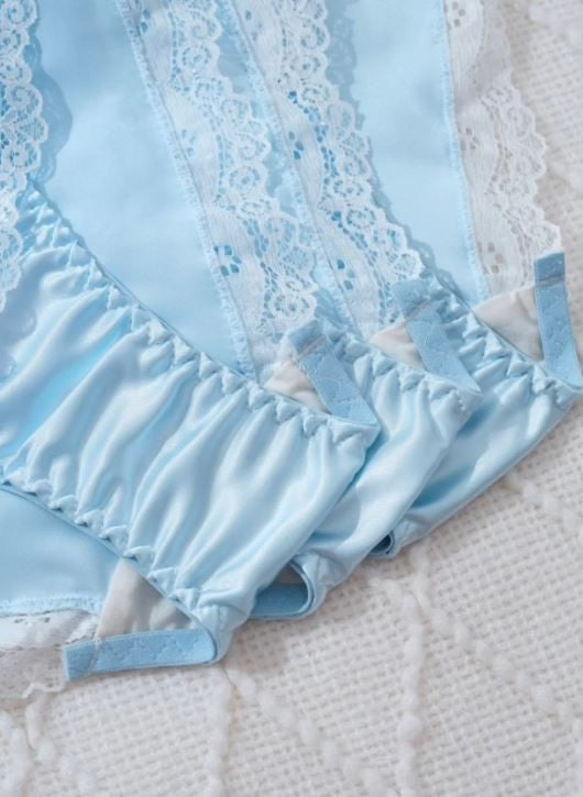 1x Womens stunning silky feel blue satin French panties lace trim sissy glossy