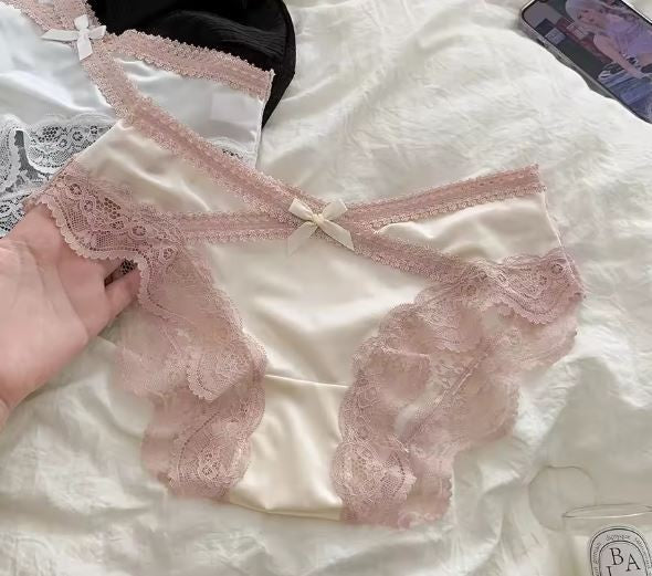 Women's silky feel satin cream panties knickers lace bum trim sissy size 10 (M)