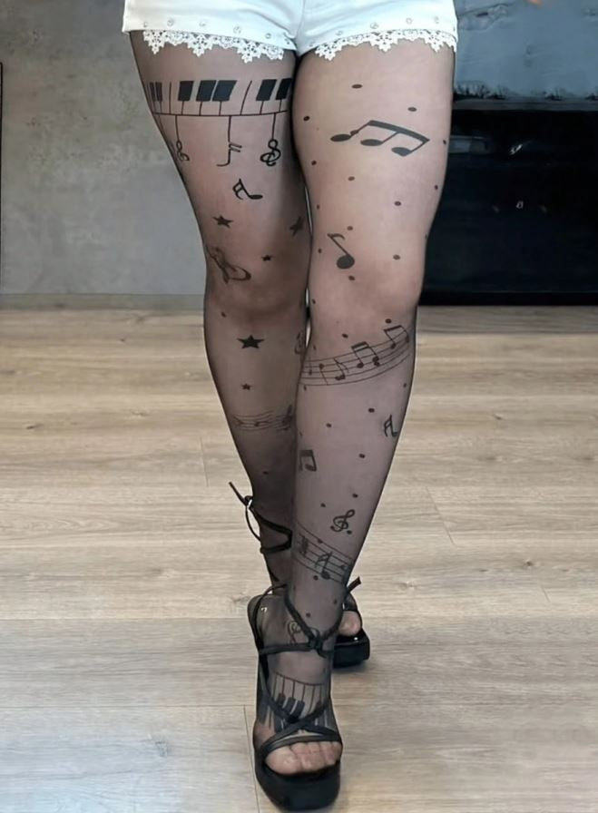 Black fake tattoo Piano Print Sexy tights Suitable For music lovers one size