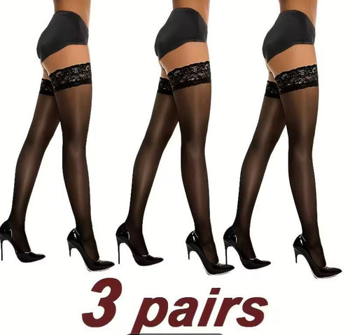 3x Elegant soft black stockings black lace trim sheer thigh high stretchy tops