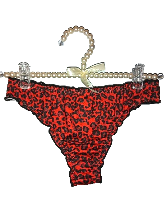 Women Red Leopard Print Thong satin Knickers soft to skin Bow size 12-14 L