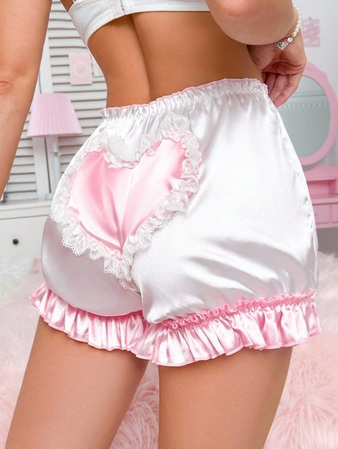 Women silky feel satin panties PJ shorts heart ruffles sissy CD TV size 10 M