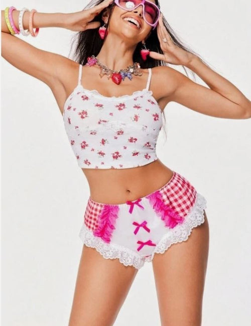 Gingham satin silky Panties Bow and lace trim Detail Knickers size XL UK 16-18