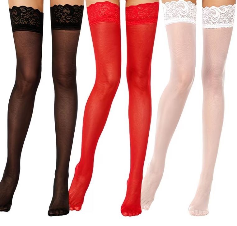 3x Elegant mixed stockings lace trim sheer thin thigh high stretchy one size