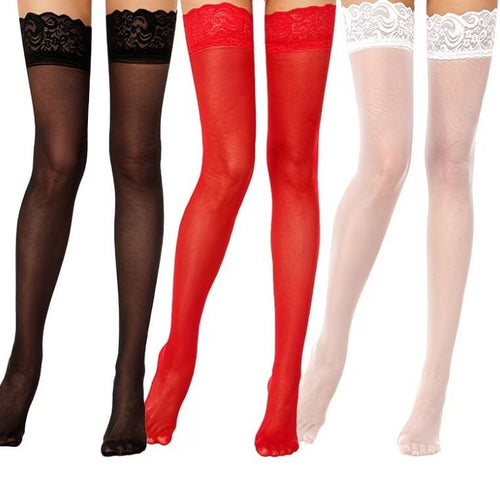3x Elegant mixed stockings lace trim sheer thin thigh high stretchy one size