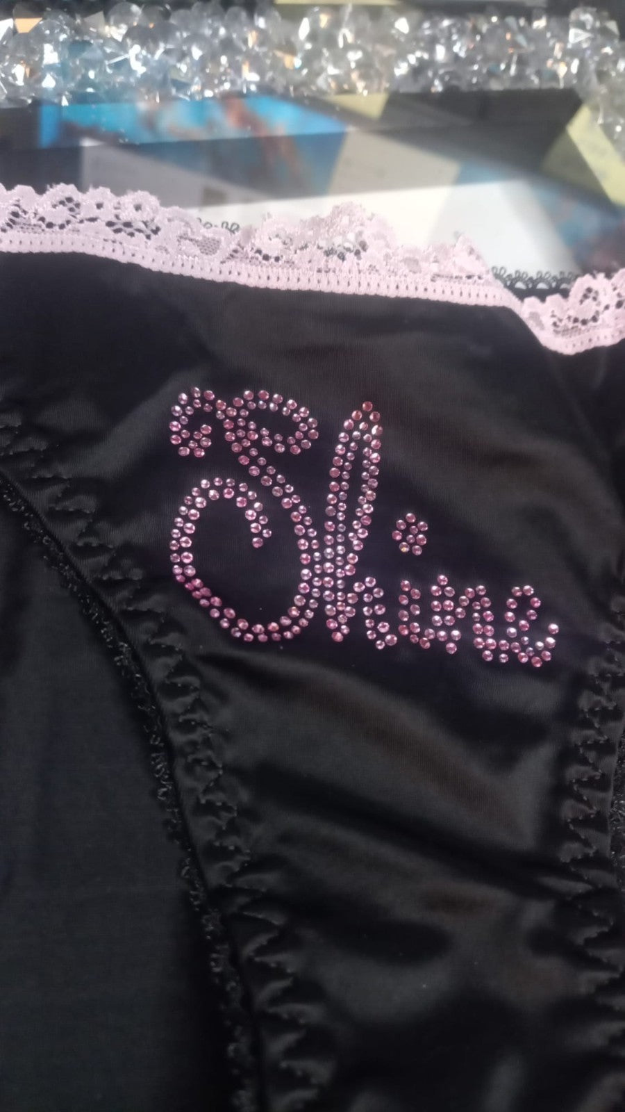 Women's black soft silky feel satin tanga panties SHINE print sissy size 8 (S)