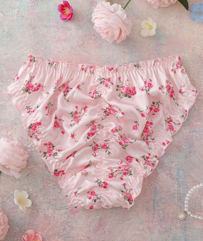 Floral soft silky feel satin panties knickers ruched sissy pink size XL UK 16-18
