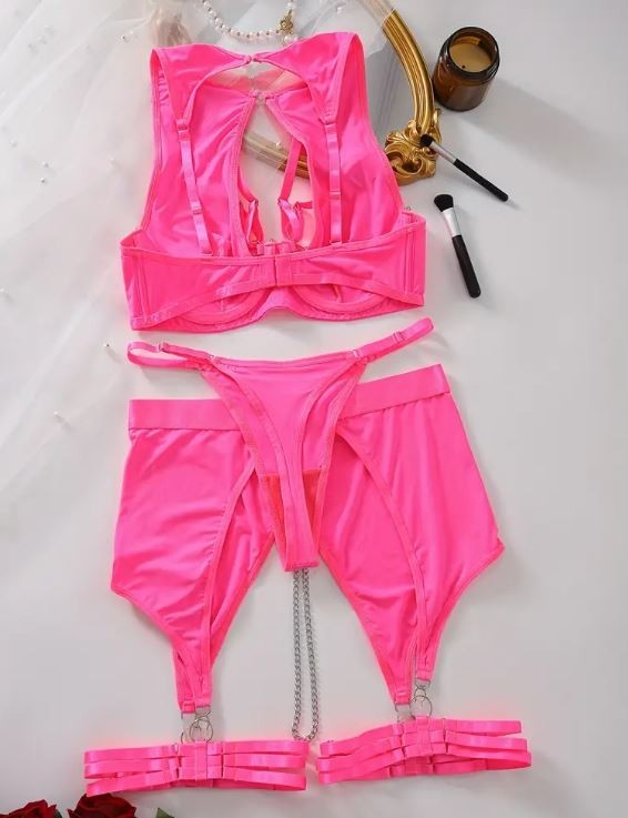 HOT! trendy lingerie 5-piece set soft silky feel satin chain detail women sissy