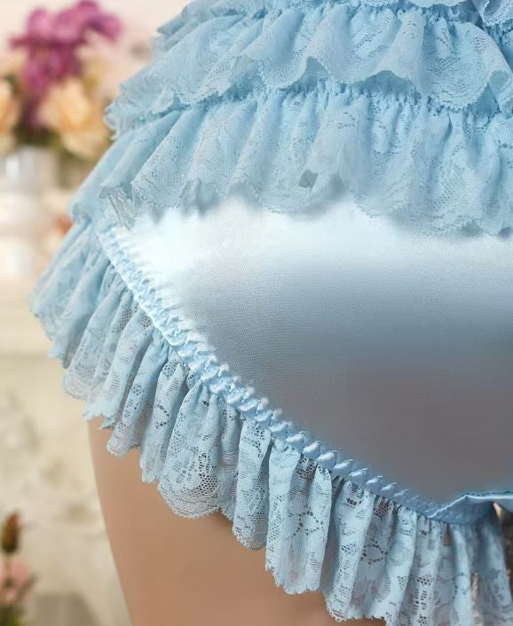 Sissy Satin Lace Frilly Knickers Ruffle Panties Bow silky feel size L UK 12-14