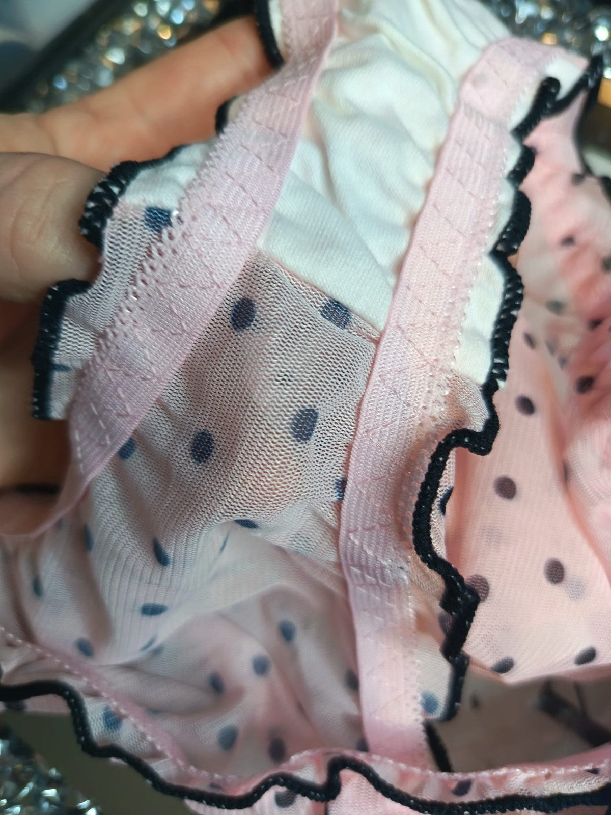 Semi sheer panties pink polka dot knickers satin bow lettuce trim UK 16-18 / XL
