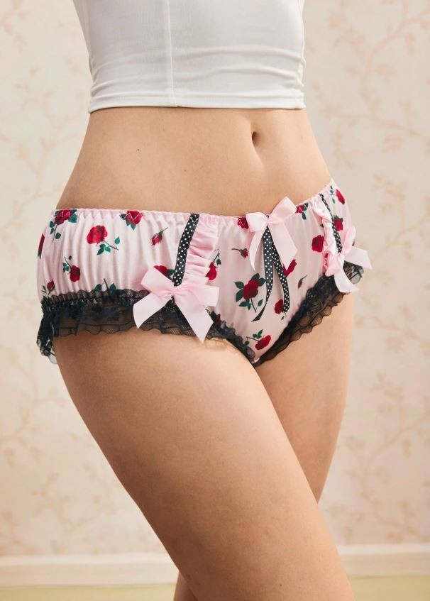 Women's floral lovely satin glossy knickers silky feel panties ruffle trim sissy