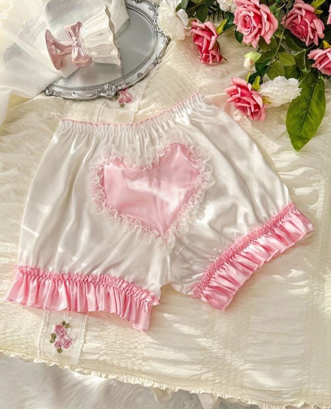Women silky feel satin panties PJ shorts heart ruffles sissy CD TV size 12/14 L