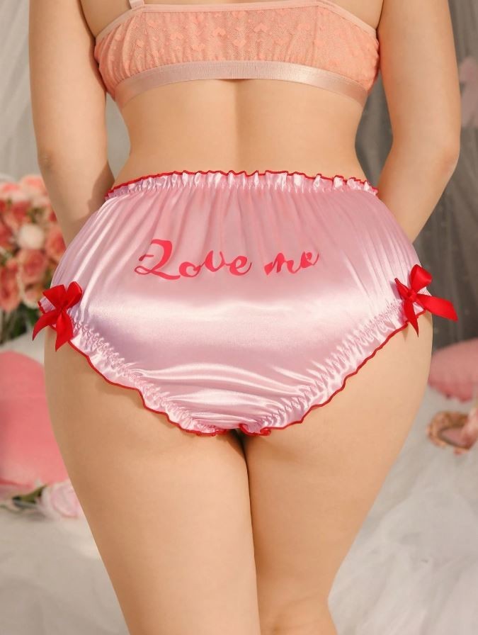 Silky feel glossy pink satin panties Love Me print bows plus size UK 20-22 / 2XL