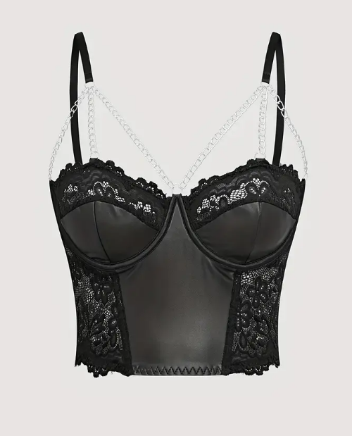 Sexy Lace & Faux Leather Bralette Chain Detail corset in black sissy CD TV