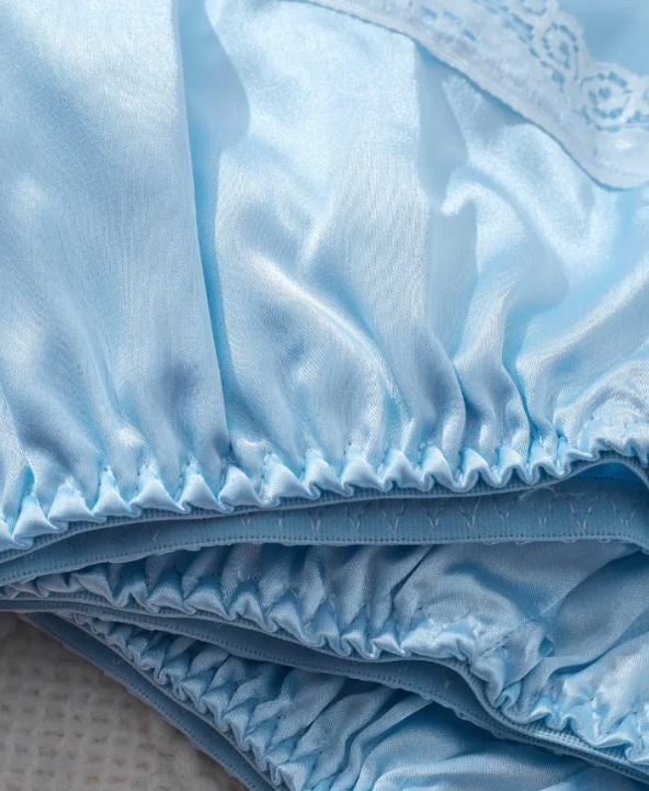 1x Womens stunning silky feel blue satin French panties lace trim sissy glossy