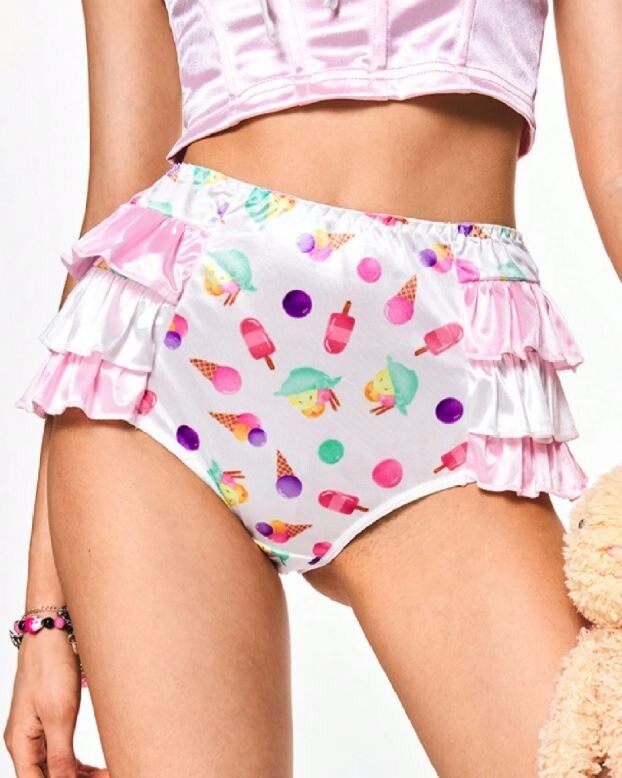 Womens stunning summer vibe satin knickers ice cream print and ruffle trim sissy