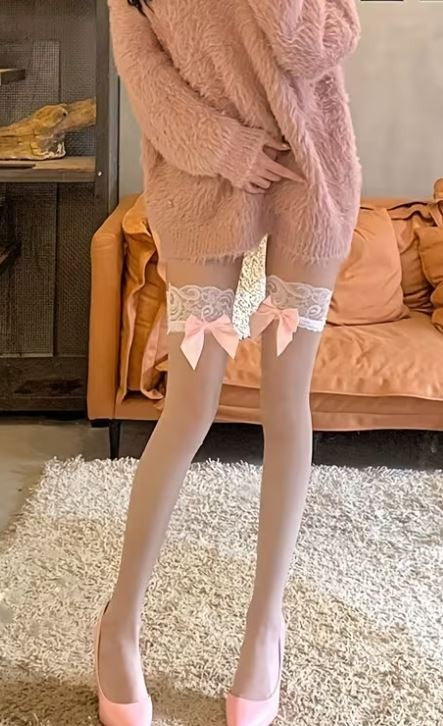 Sheer Thigh High Stockings Lace Top Pink Bow Cute Coquette Hosiery one size