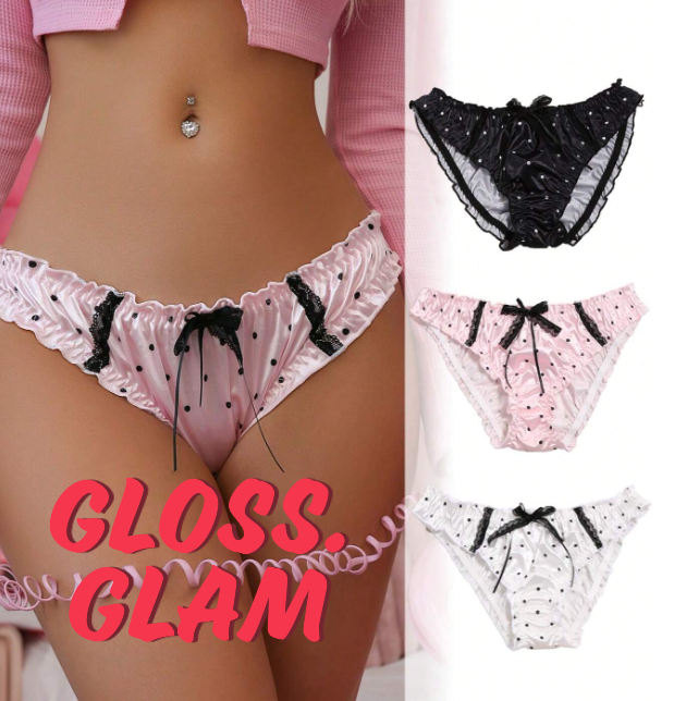 Women's polka dot silky feel panties satin knickers bow and lace detail sissy