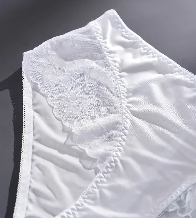 Women's white soft satin panties lace detail knickers gently ruched on bum