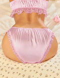 Silky Satin Frilly Tanga Knickers Briefs Panties pink sissy lace trim size 8 / S