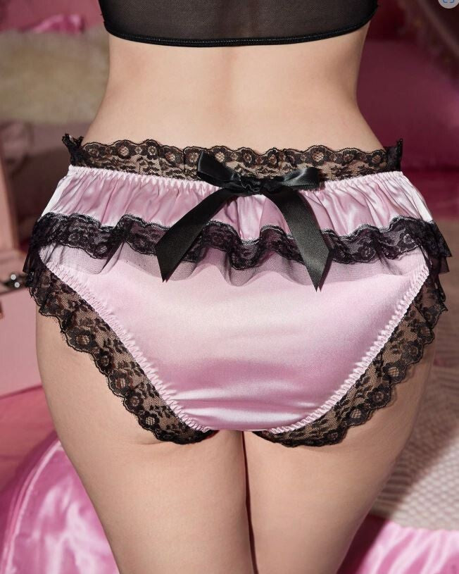 Women's stunning silky feel satin pink panties bow lace frill detail sissy CD TV