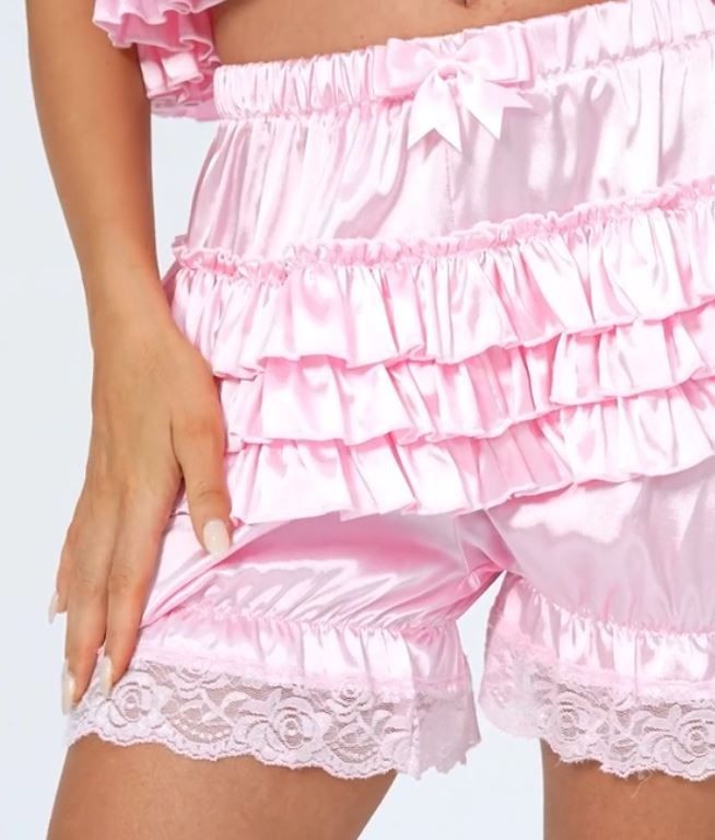 Silky satin bloomers luxury PINK shorts pants ruffled lace sissy size M / UK 10