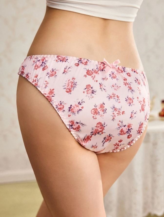 Women's floral pink silky feel knickers satin panties bow underwear sissy CD TV