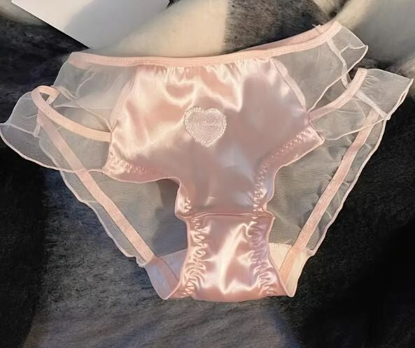 3 Pack Women's stunning satin / mesh knickers heart detail lace trim sissy CD TV
