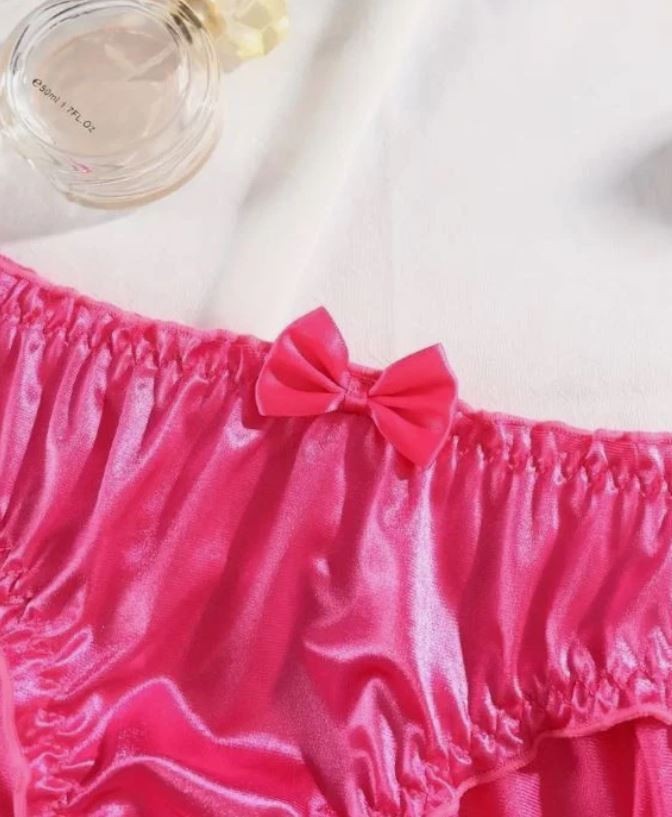 Pink Satin Ruched Knickers Cute Bow Trim Girly Coquette sissy knickers size 8 S
