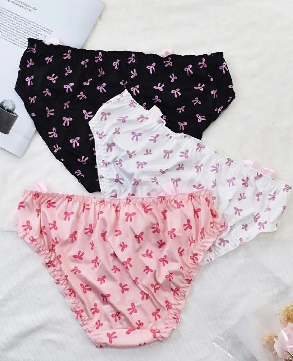 Adorable women's soft satin silky feel knickers bow printed panties bow details