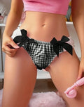 Women's black Gingham Bikini Panties Bow Lace Trim sissy unisex size XL UK 16-18