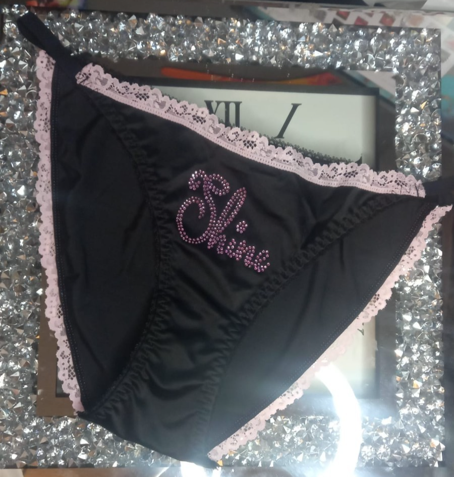 Women's black soft silky feel satin tanga panties SHINE print sissy size 10 (M)