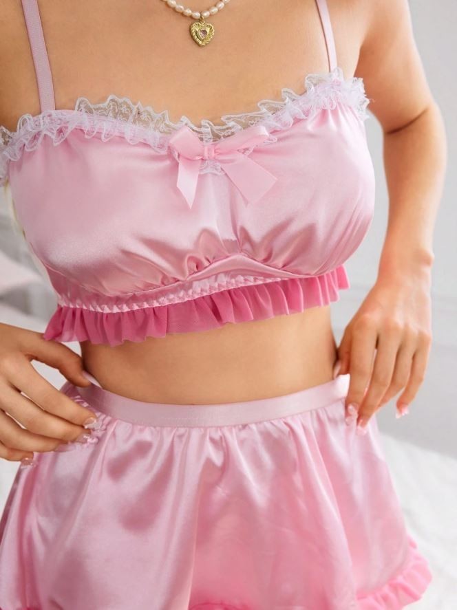 Women Pink silky feel satin lace garter belt leg garters & top intimate addition