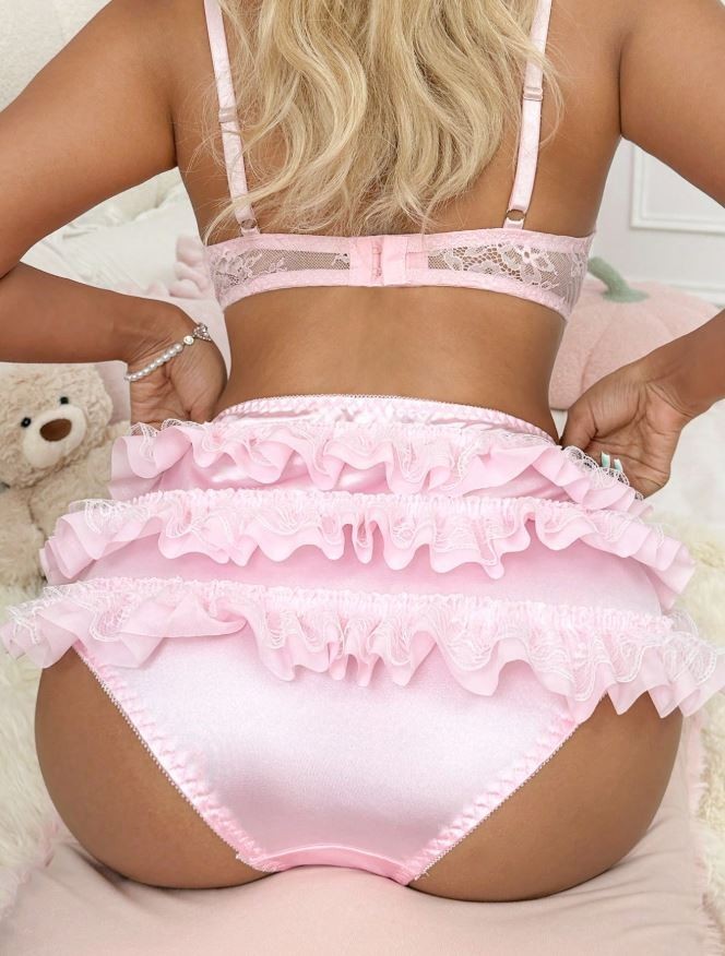Women's silky feel knickers satin pink panties lace ruffles bow sissy size 8  S