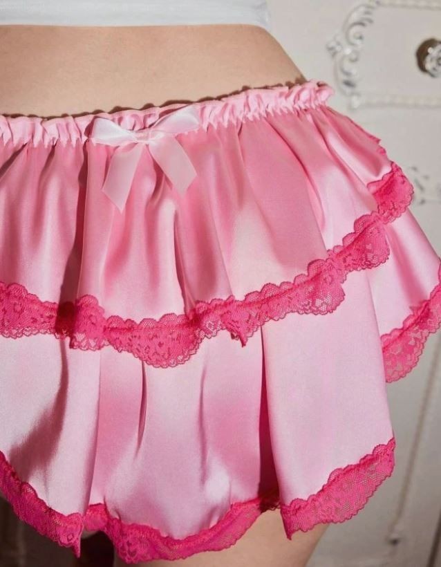 women satin silky feel knickers pink skirt look back ruffles sissy size 12/14 L